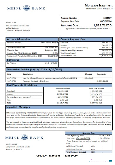 Download Antigua & Barbuda Meinl Bank mortgage statement scr Photoshop template